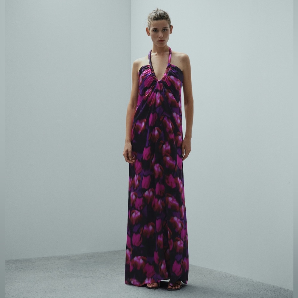 Mango Capsule Low-cut printed 100% mulberry silk dress